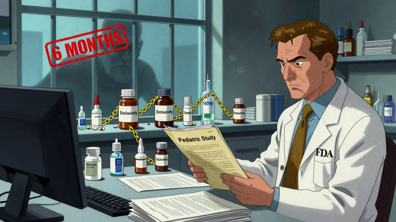 Scientist presenting pediatric study to FDA official while drug formulations are linked by exclusivity chains.