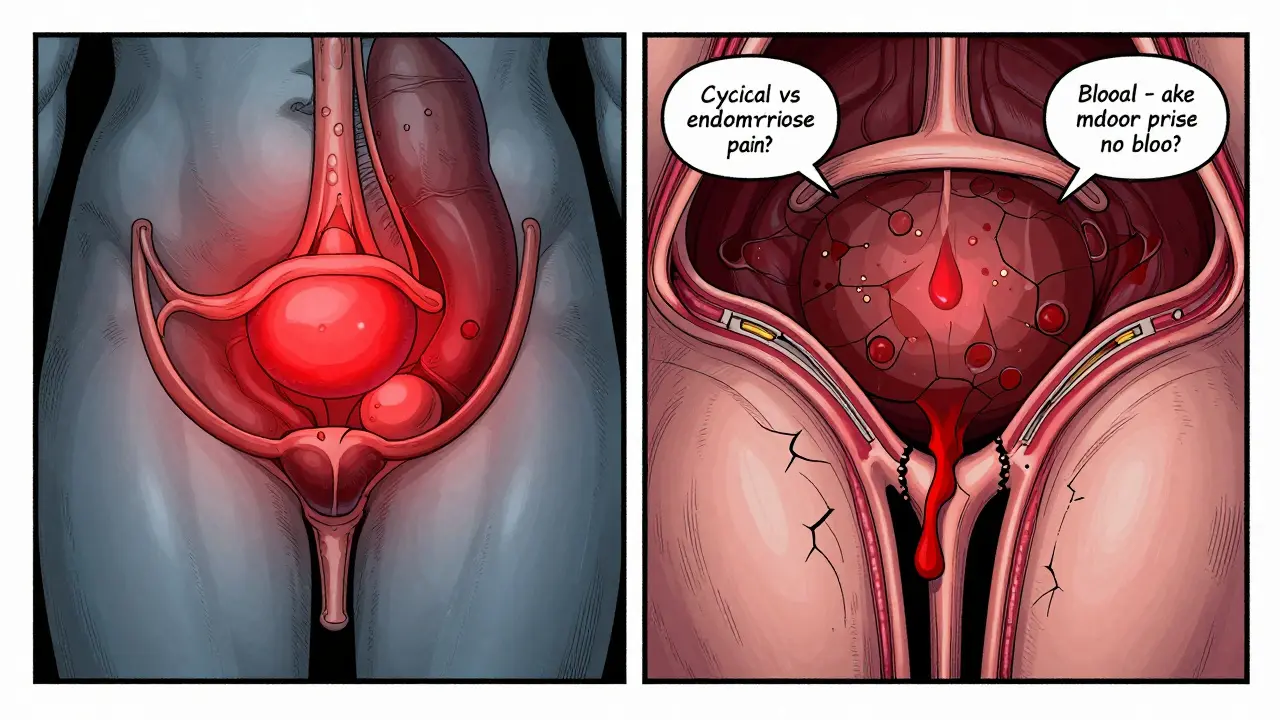 Side-by-side anatomical illustrations comparing endometriosis and interstitial cystitis symptoms.