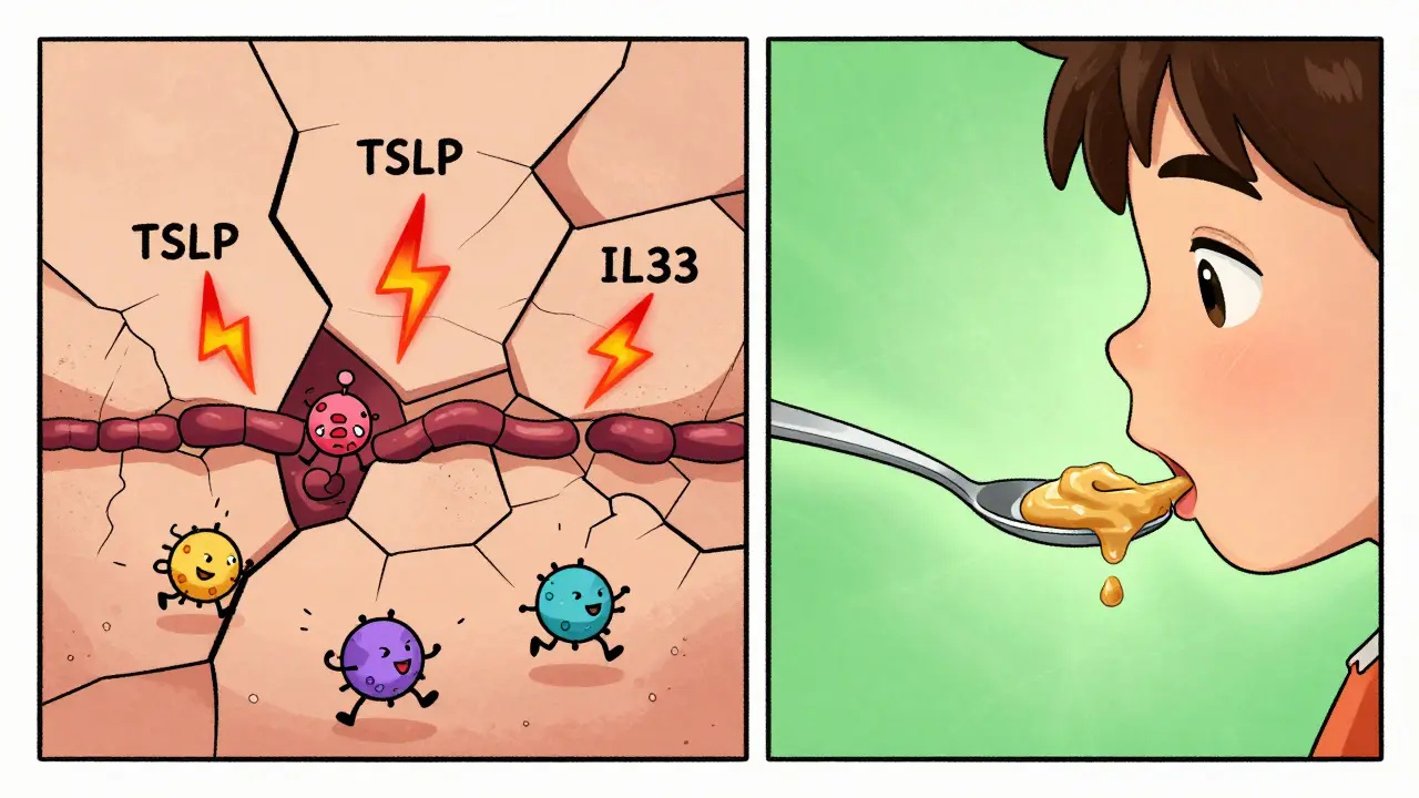 Skin barrier with missing filaggrin proteins allows allergens in, but oral food introduction triggers immune tolerance instead.