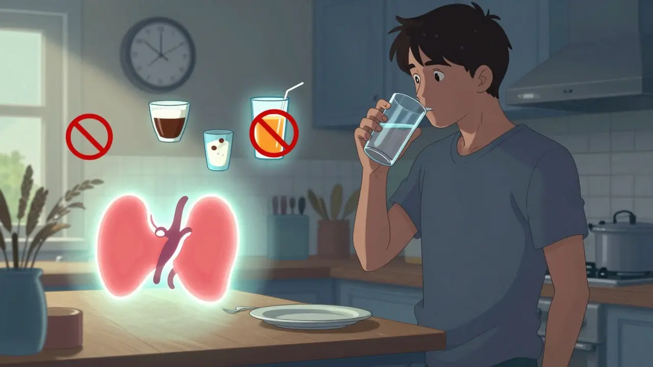 Someone taking thyroid medication on an empty stomach at dawn, with forbidden foods marked by red bans.