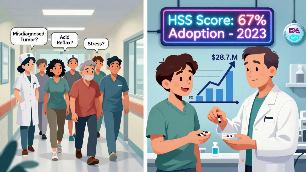 Split scene: misdiagnosed patients on one side, a relieved patient receiving baclofen with rising healthcare savings graph on the other.