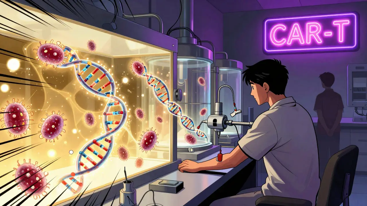 T cells are genetically modified in a lab with glowing CAR receptors, ready to be infused back into a patient.