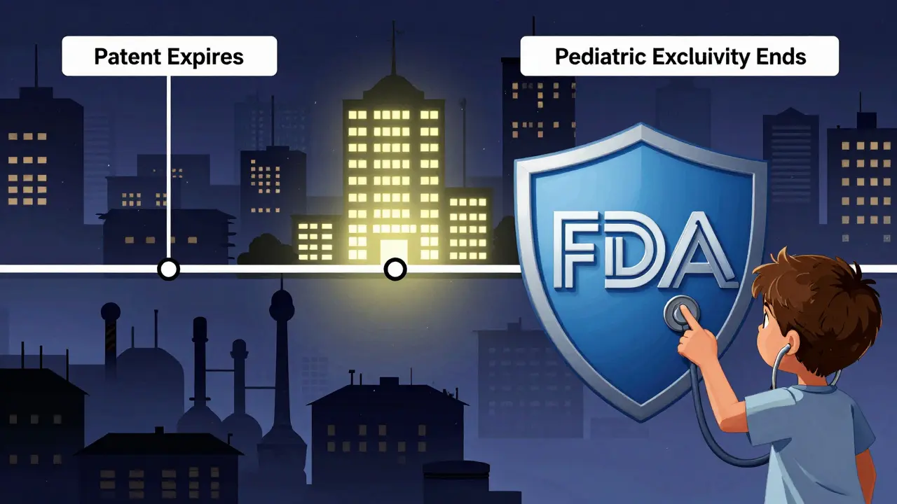 Timeline showing patent expiration blocked by pediatric exclusivity, generic factories barred, child pointing to FDA shield.