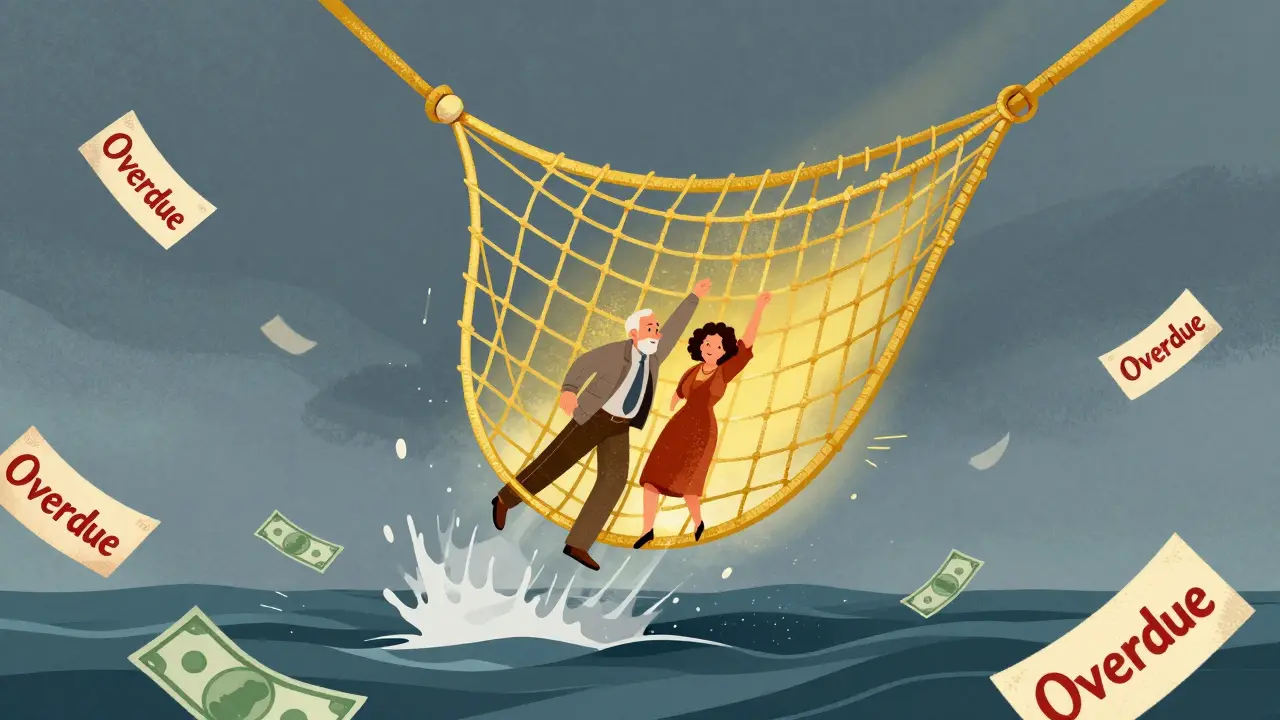 A golden safety net lifting a senior couple above a sea of financial bills