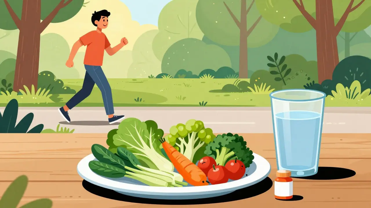 A montage of healthy walking, a balanced meal, and medication in illustration style.