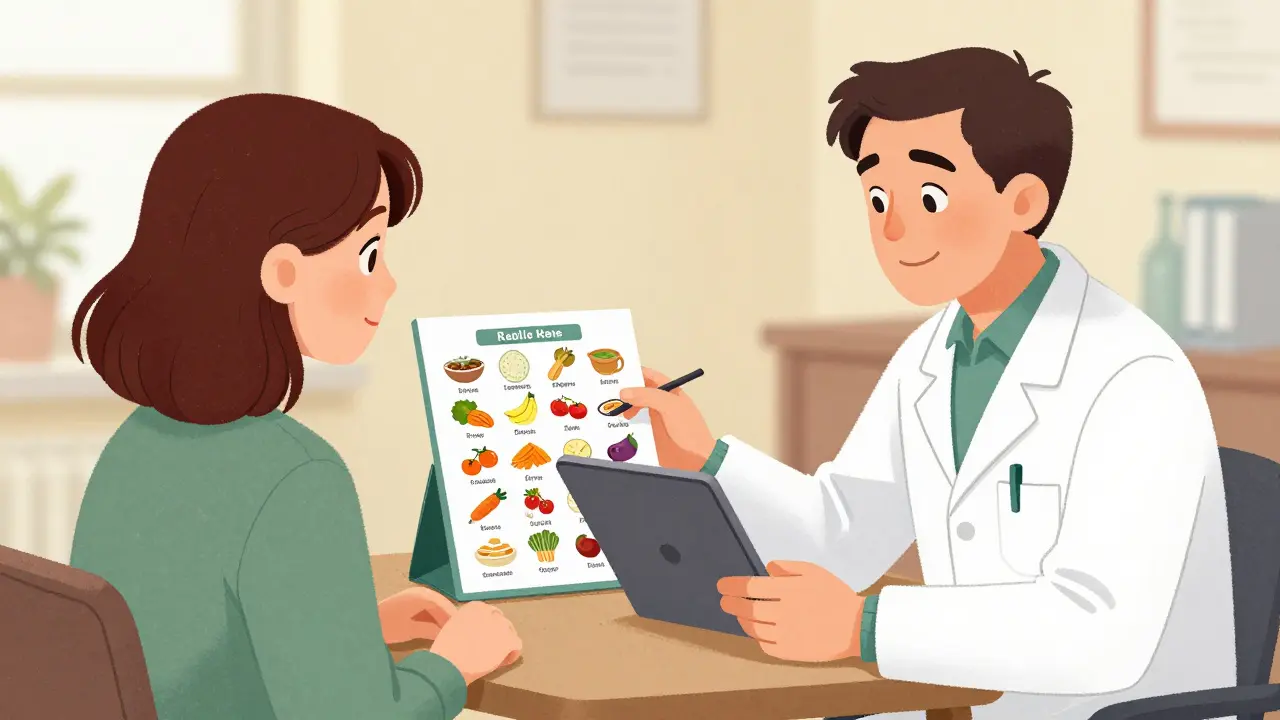 A patient and a renal dietitian discussing nutrition plans during a consultation.