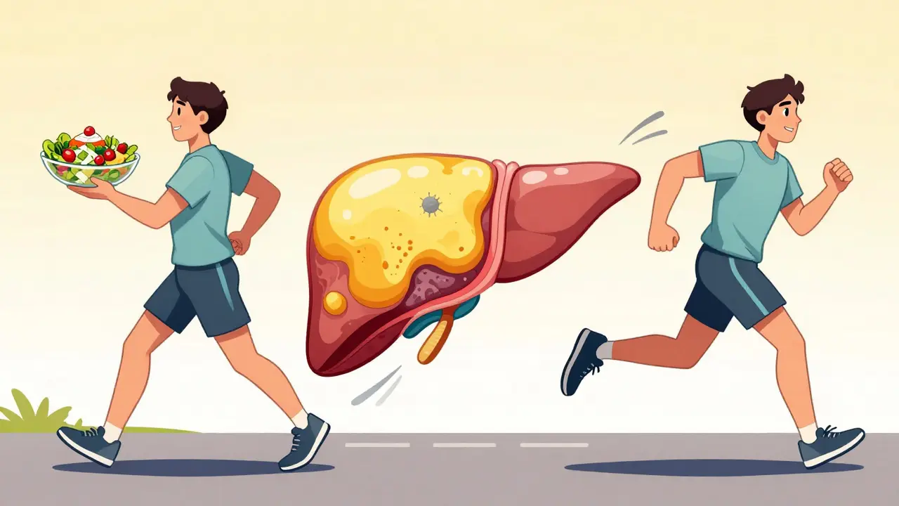 A person exercising and eating healthy to reverse liver damage in a comic illustration.