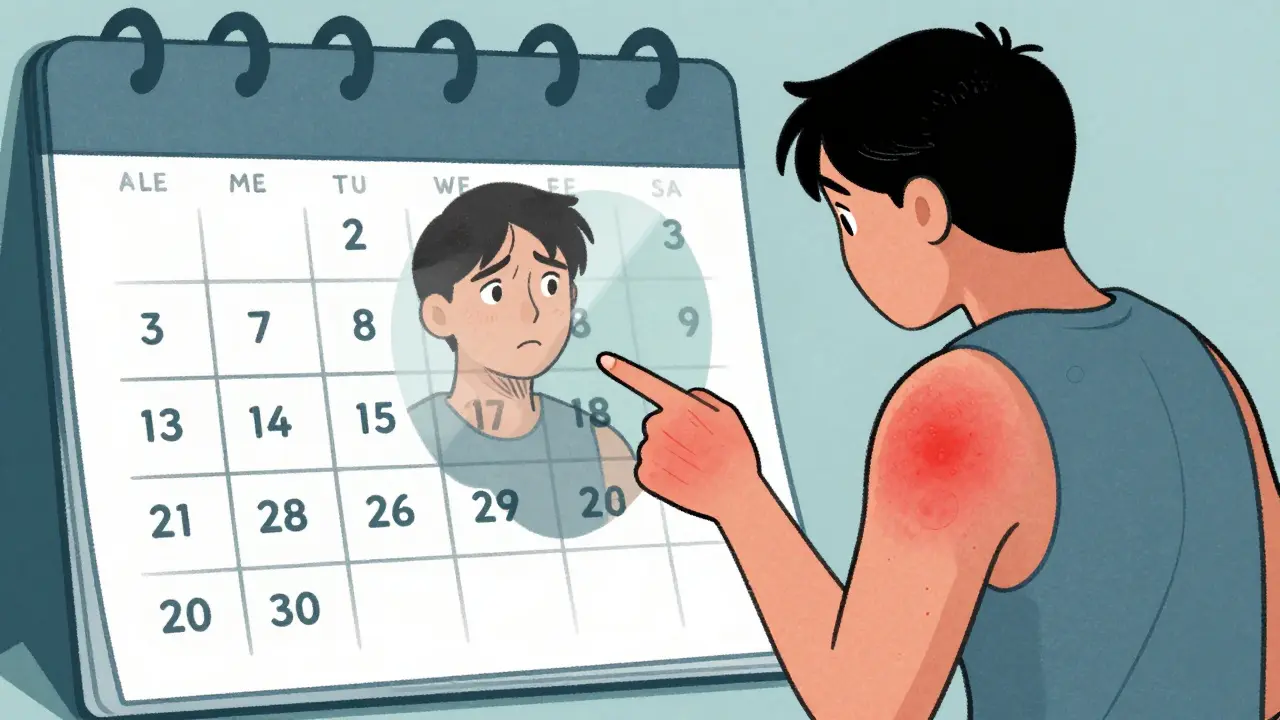 A person looking in a mirror at a skin rash that appeared days after starting medication