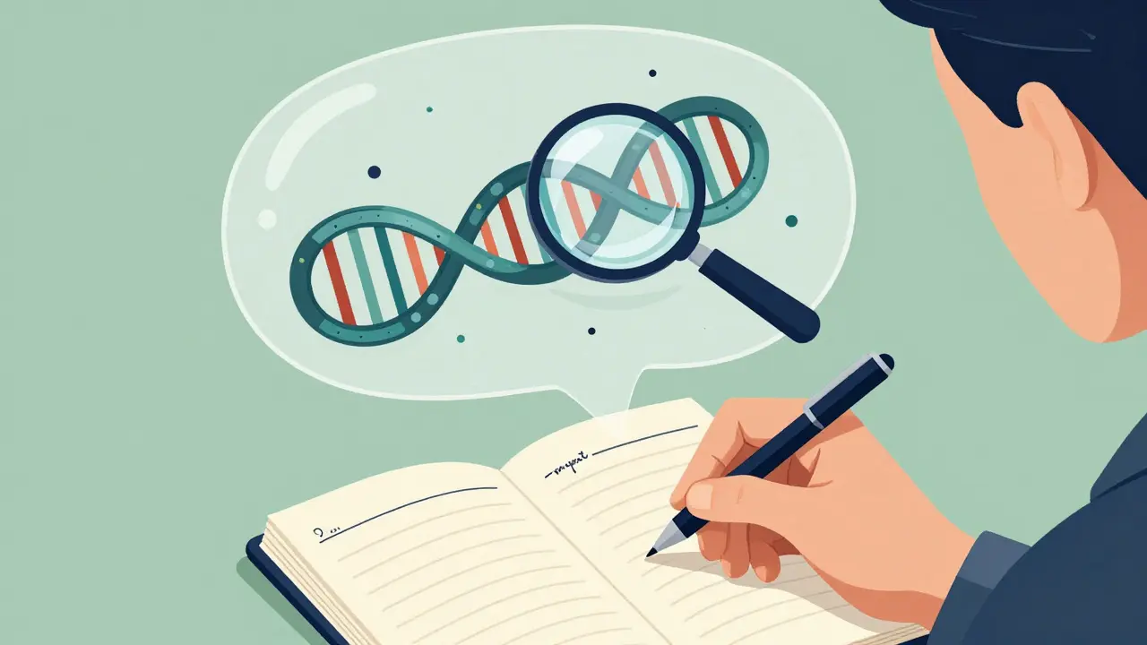 A person recording symptoms in a journal with a conceptual DNA helix above