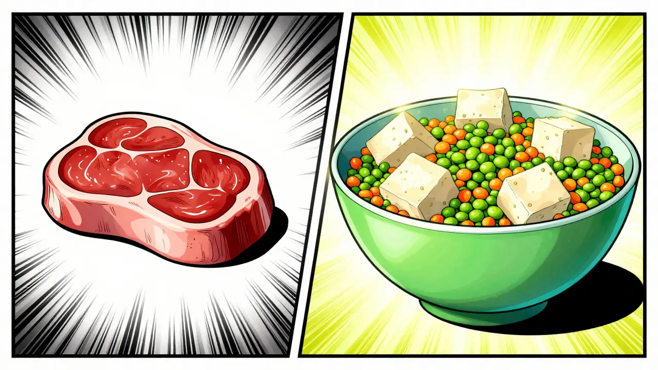 Comparison between heavy animal proteins and light, kidney-friendly plant proteins.