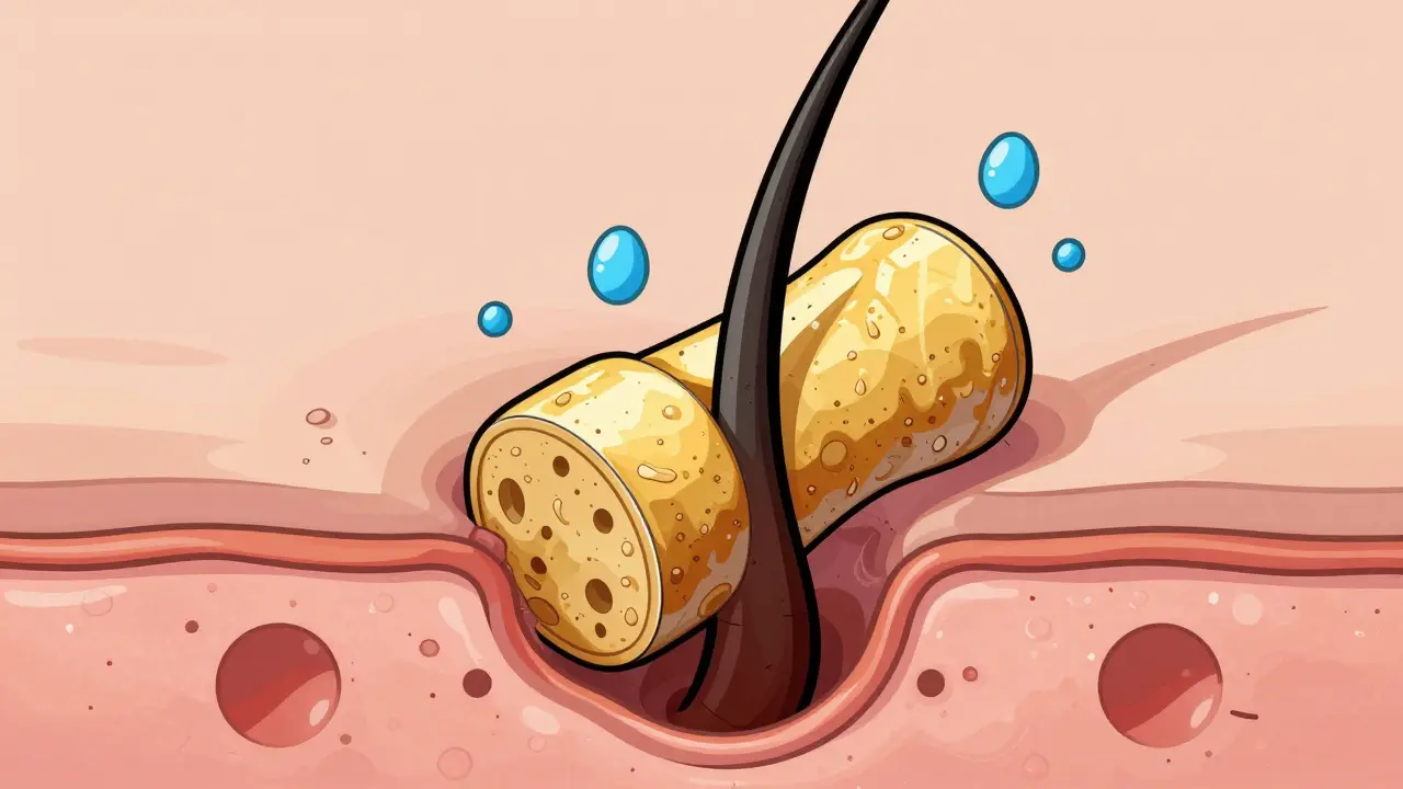 Conceptual diagram of a keratin plug blocking a hair follicle in the skin