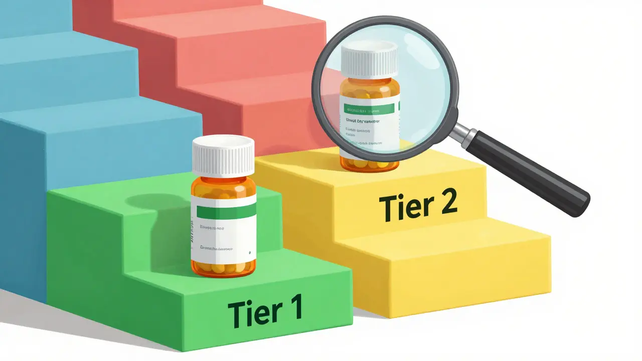 Conceptual illustration of drug pricing tiers as a set of colorful stairs
