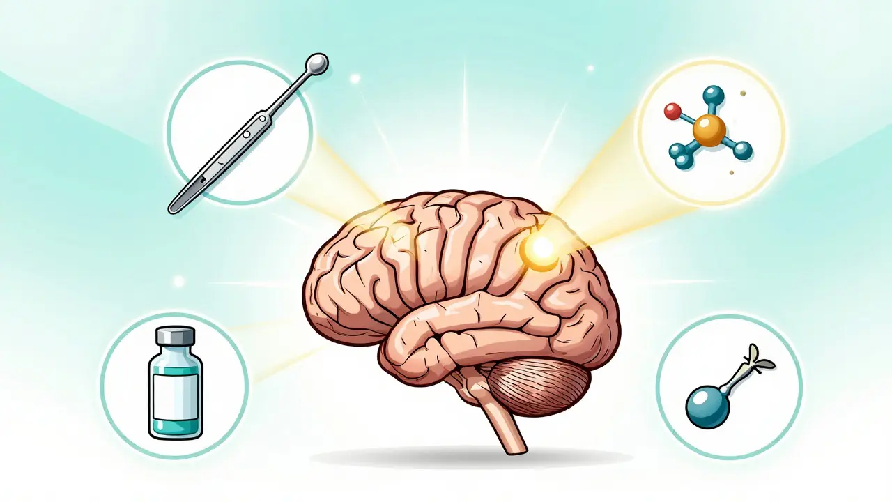 Conceptual image of surgery, radiation, chemotherapy, and targeted therapy for brain tumors.