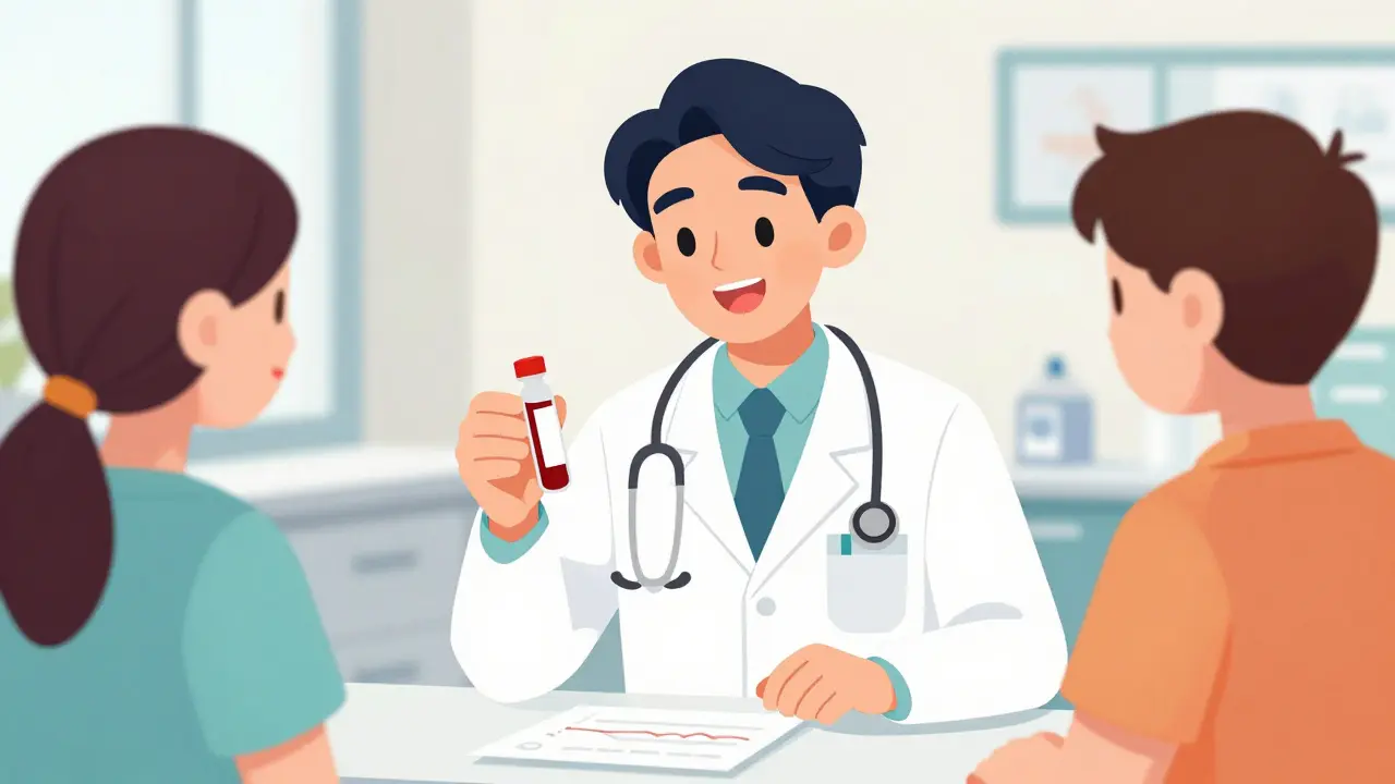 Doctor explaining a blood test to a patient and caregiver in a clear-line comic style