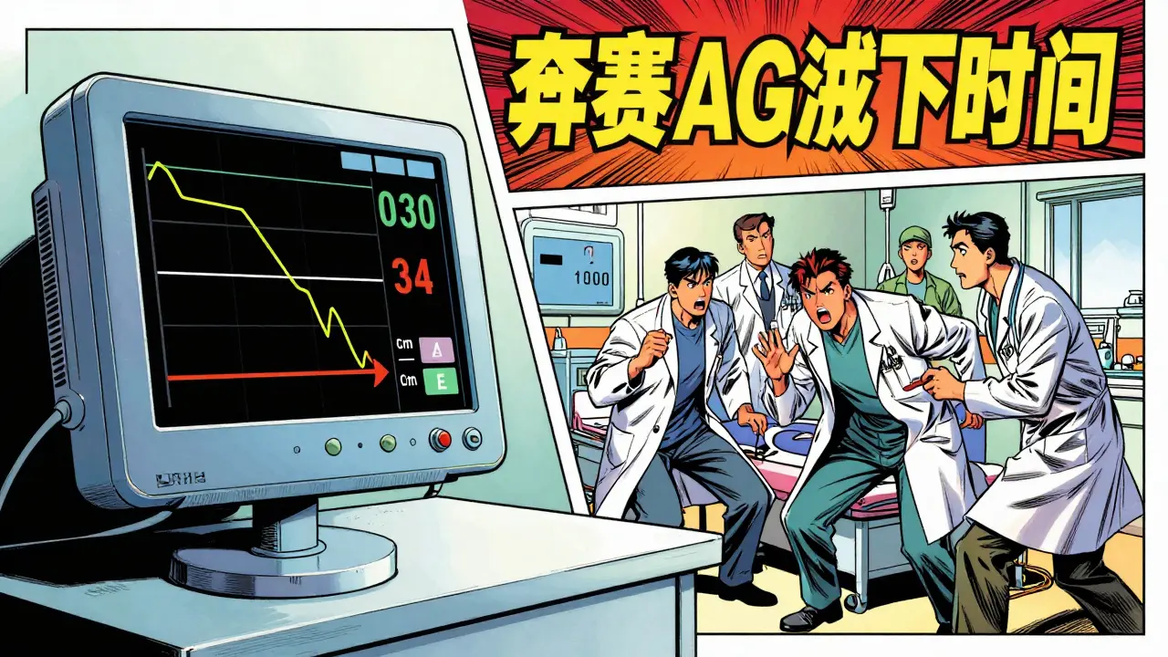 Dramatic comic illustration of a medical emergency and falling sodium levels on a monitor