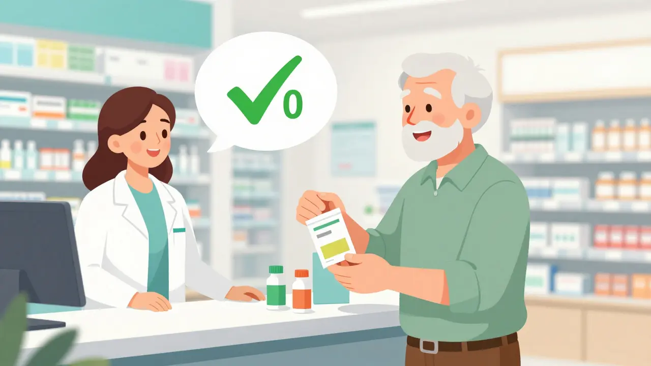 Happy senior man receiving affordable medication at a pharmacy counter