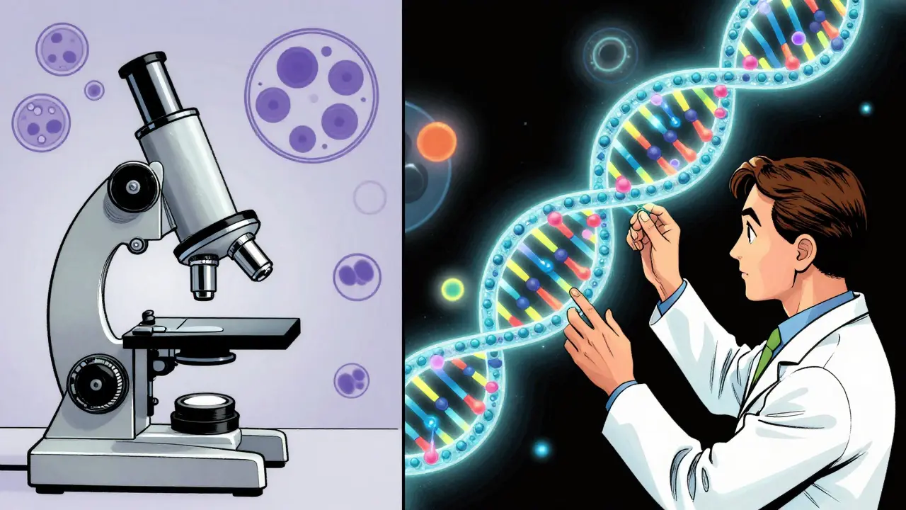 Illustration comparing cellular histology and molecular DNA analysis of a brain tumor.
