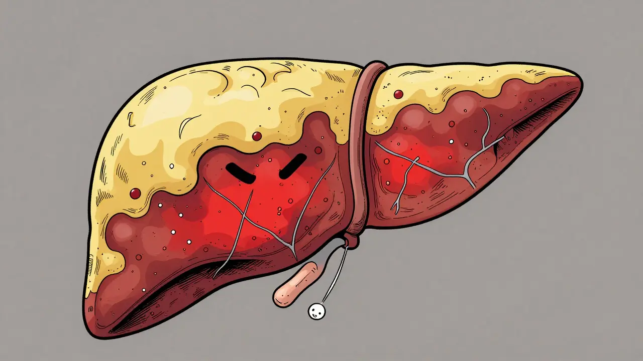 Illustration of a liver showing inflammation and early scar tissue formation.