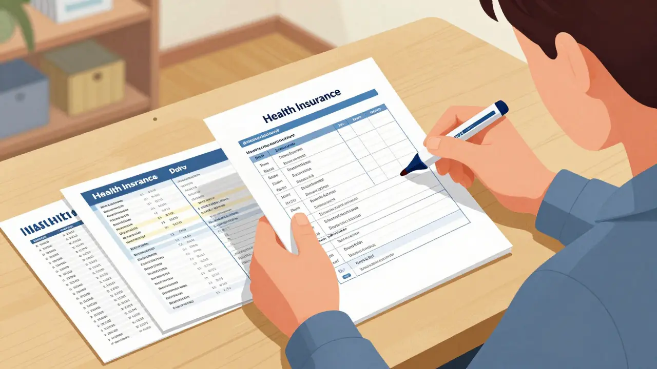 Person carefully reviewing insurance formularies and medication lists at a desk