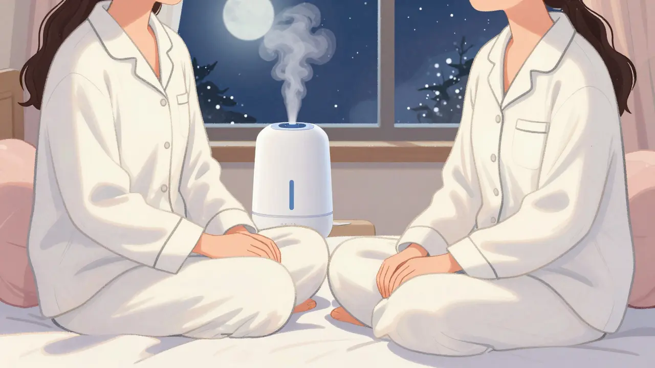 Person in cotton pajamas in a bedroom with a running humidifier