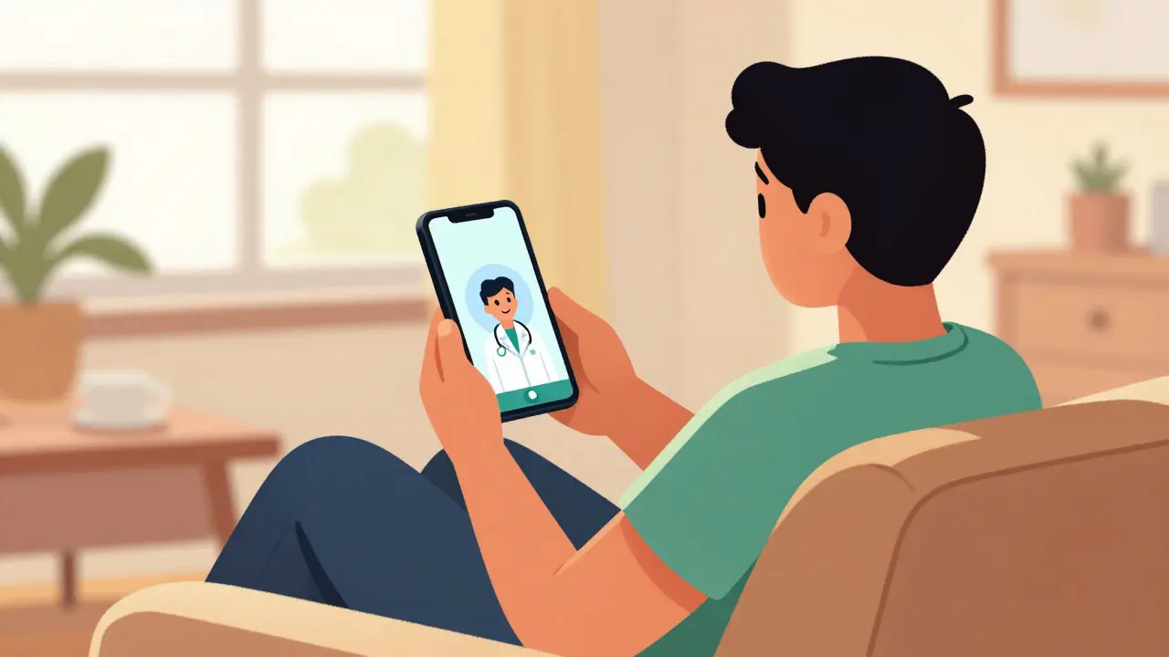 Cartoon character using telemedicine app on phone to consult a doctor from home.