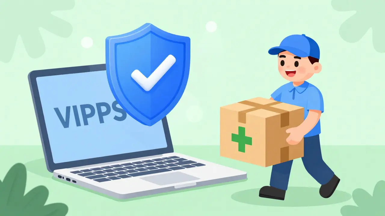 Cartoon depiction of safe online medication delivery with security shield symbol.