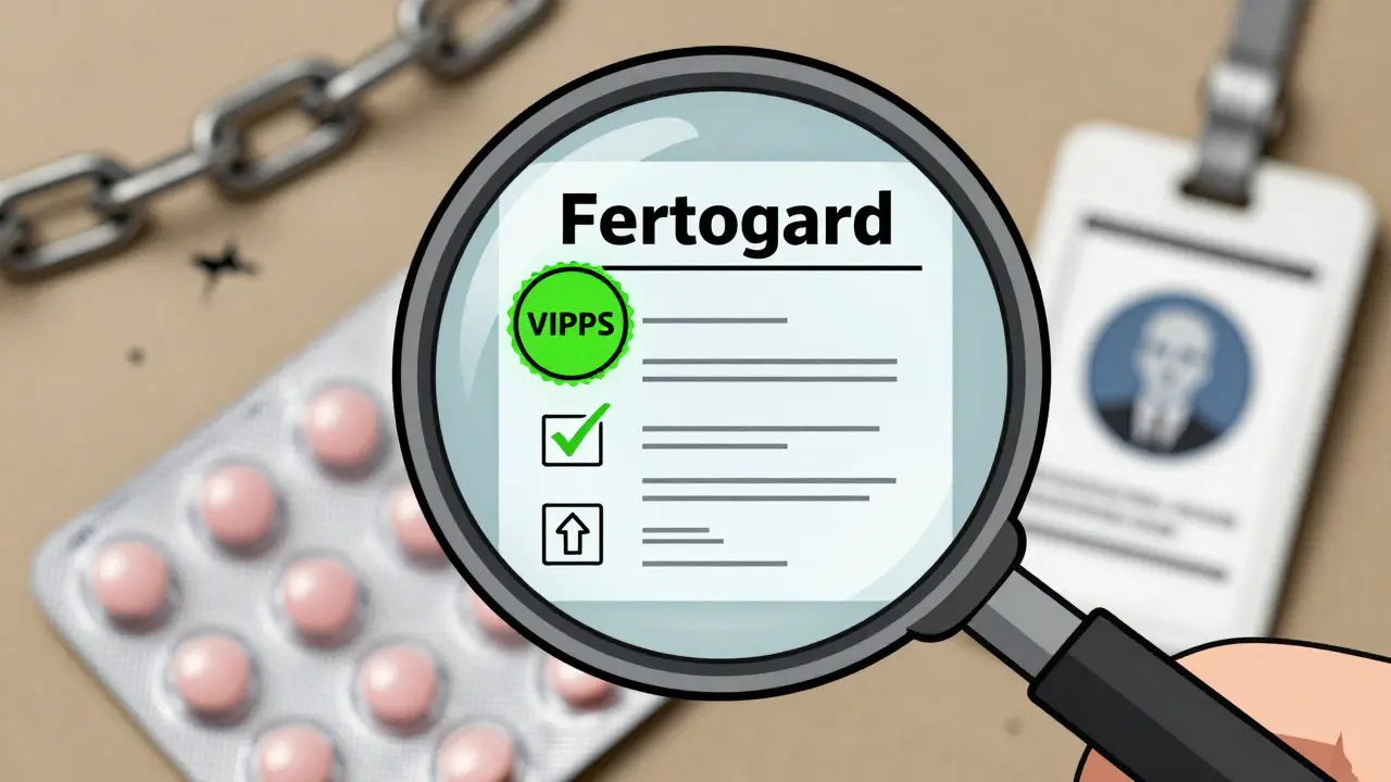 Cartoon drawing of a magnifying glass inspecting medication packaging for safety seals and prescriptions.