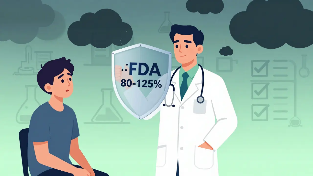 Cartoon of a doctor using science to block misinformation about generic drugs.