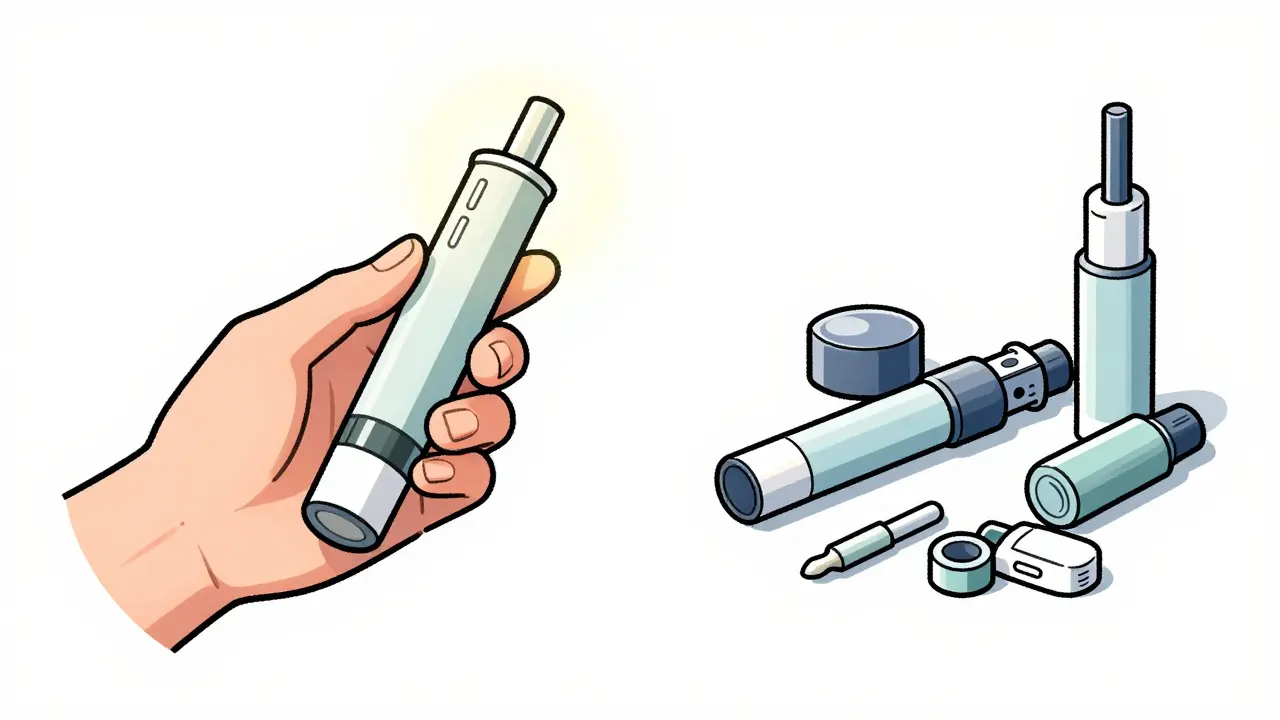 Comic art comparing a simple generic device to complex separate medical supplies.