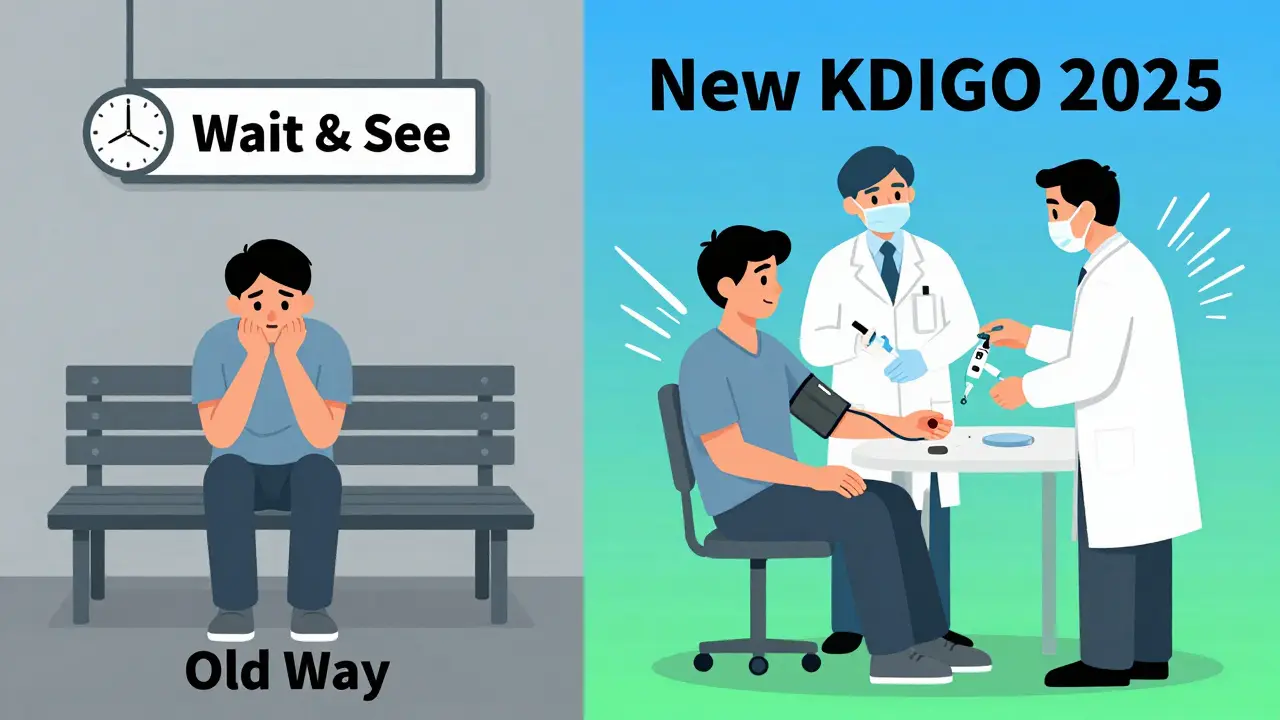 Comic illustration comparing old wait-and-see vs new simultaneous therapy
