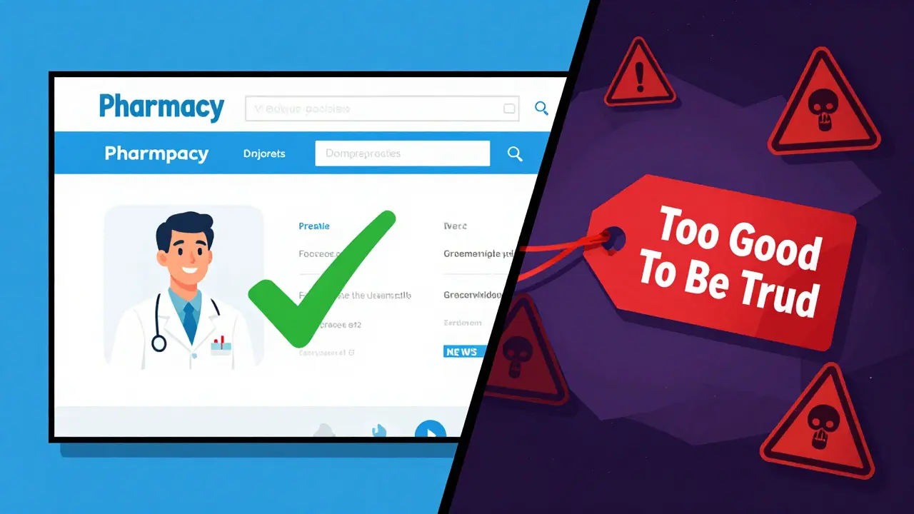 Comic illustration comparing safe online pharmacy sites with dangerous scam websites.