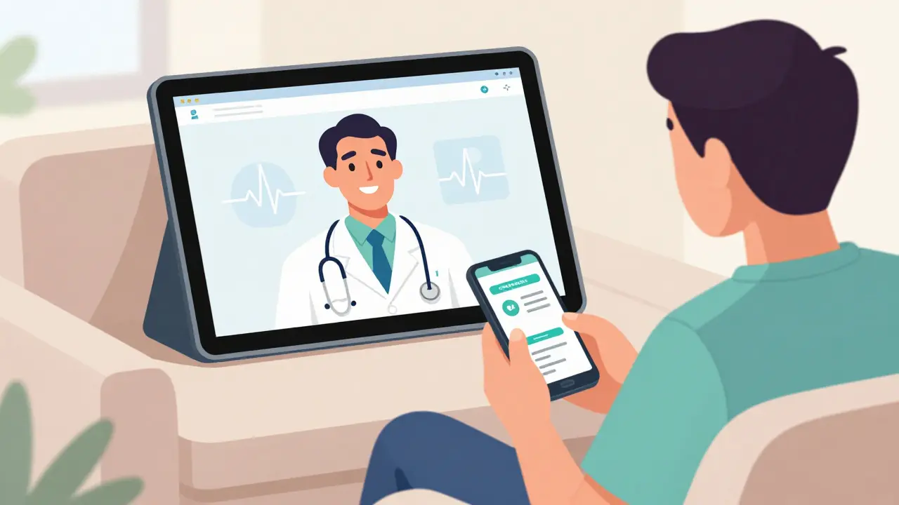 Comic style doctor consulting with patient via tablet for online prescription