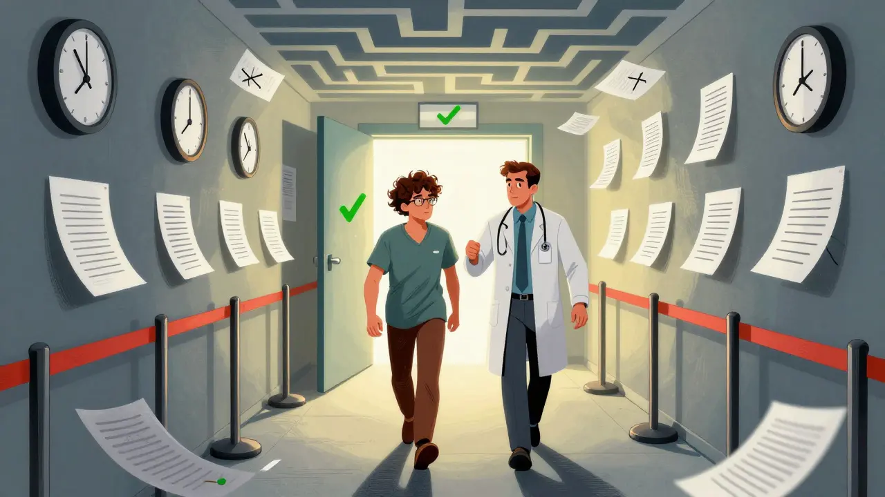 Doctor and patient navigating bureaucratic maze toward approval