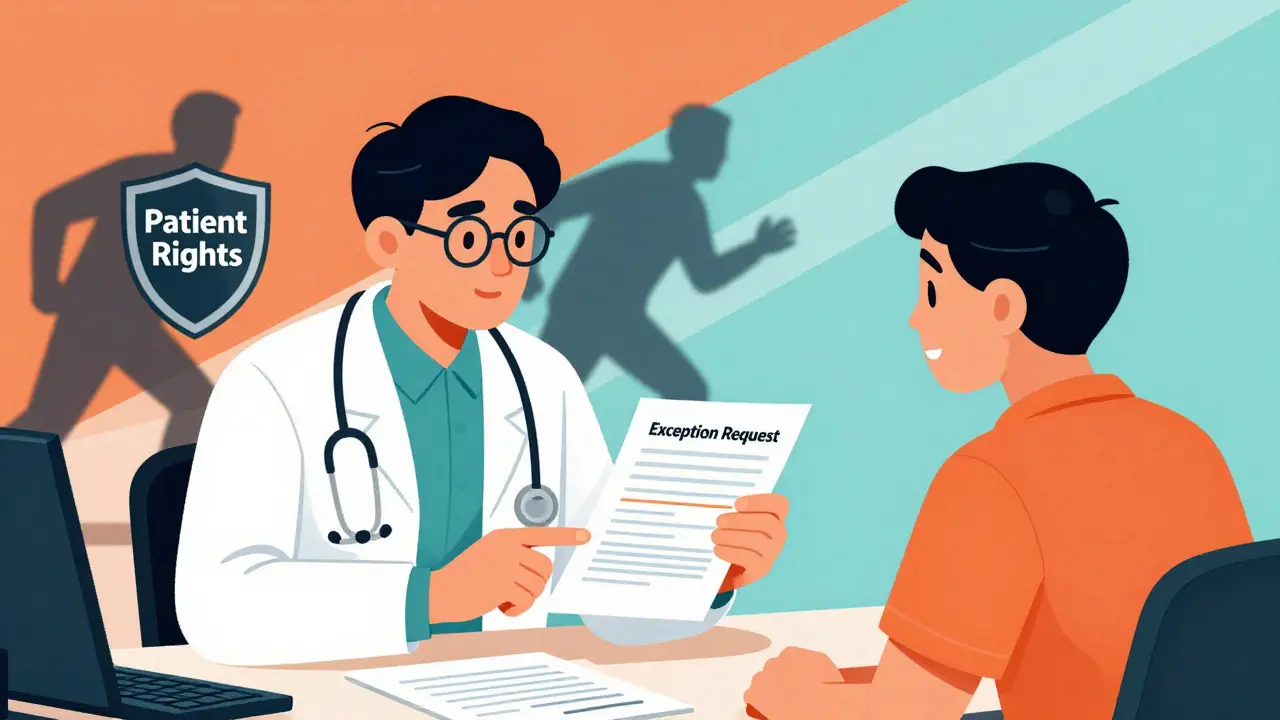 Doctor and patient reviewing exception request against insurance
