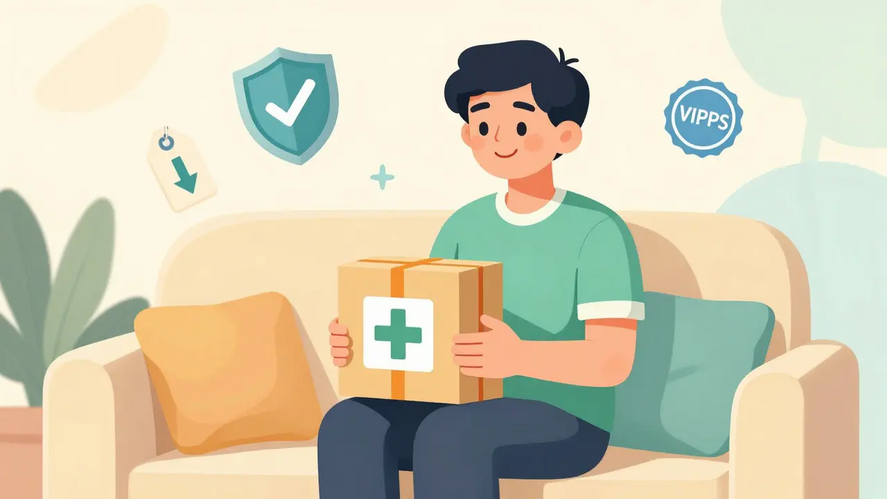 Happy person holding secure medicine package with safety shield and savings icons.