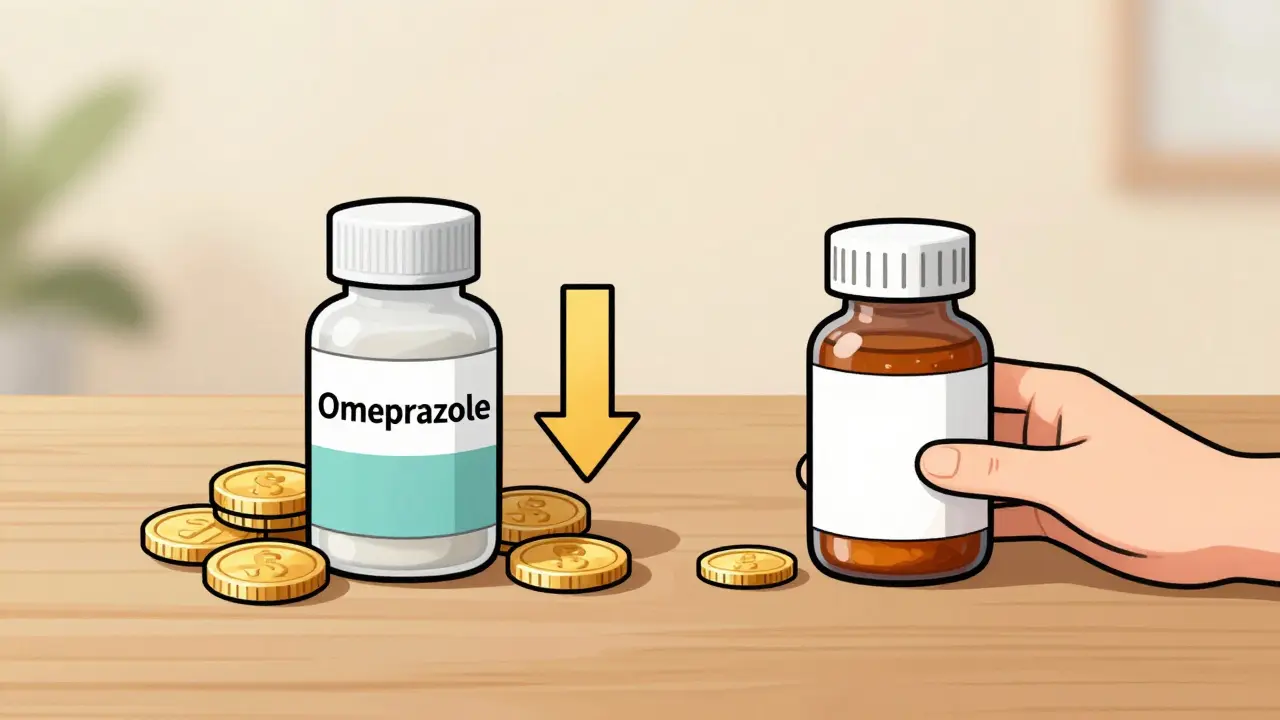 Illustration comparing generic omeprazole savings versus brand-name medication costs.