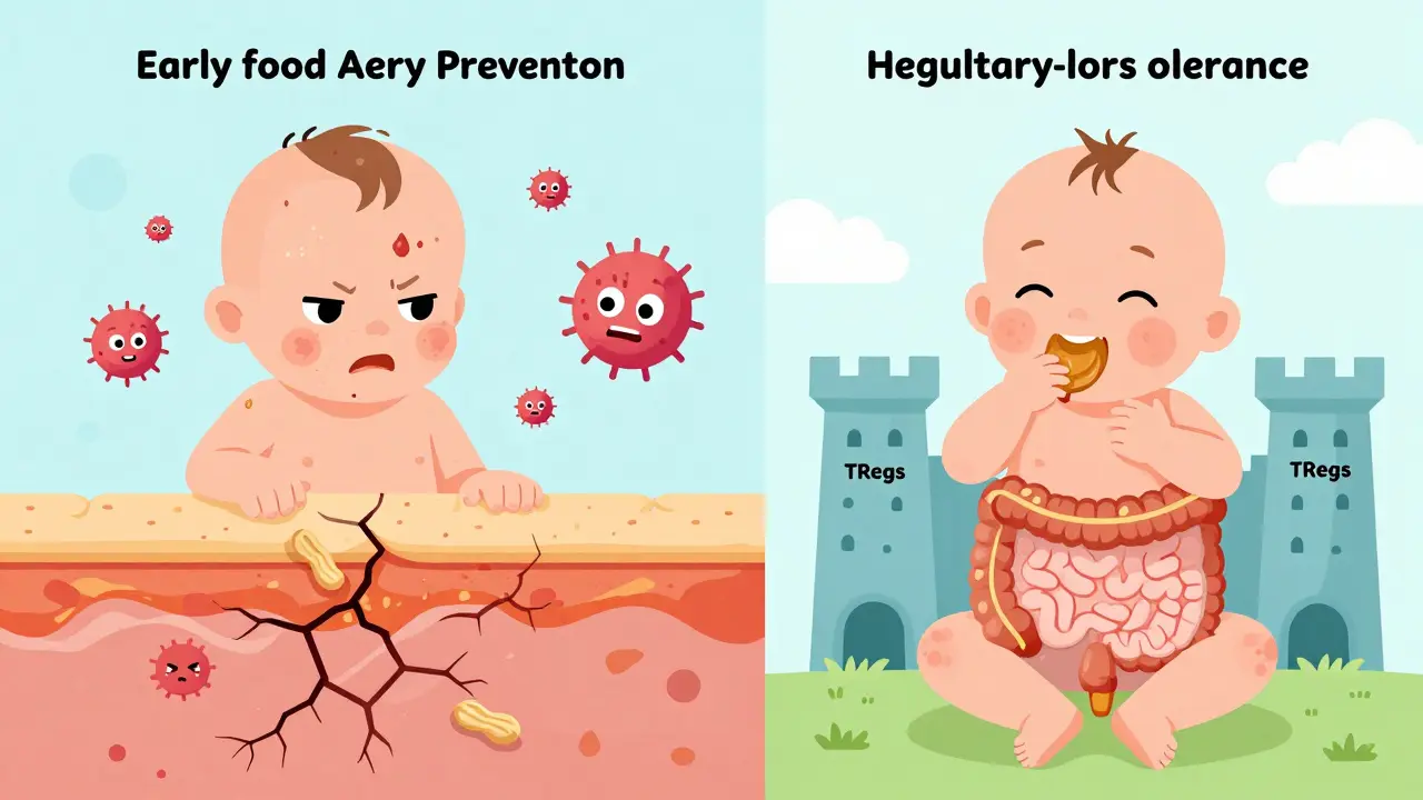 Illustration comparing skin vs gut exposure for allergy prevention