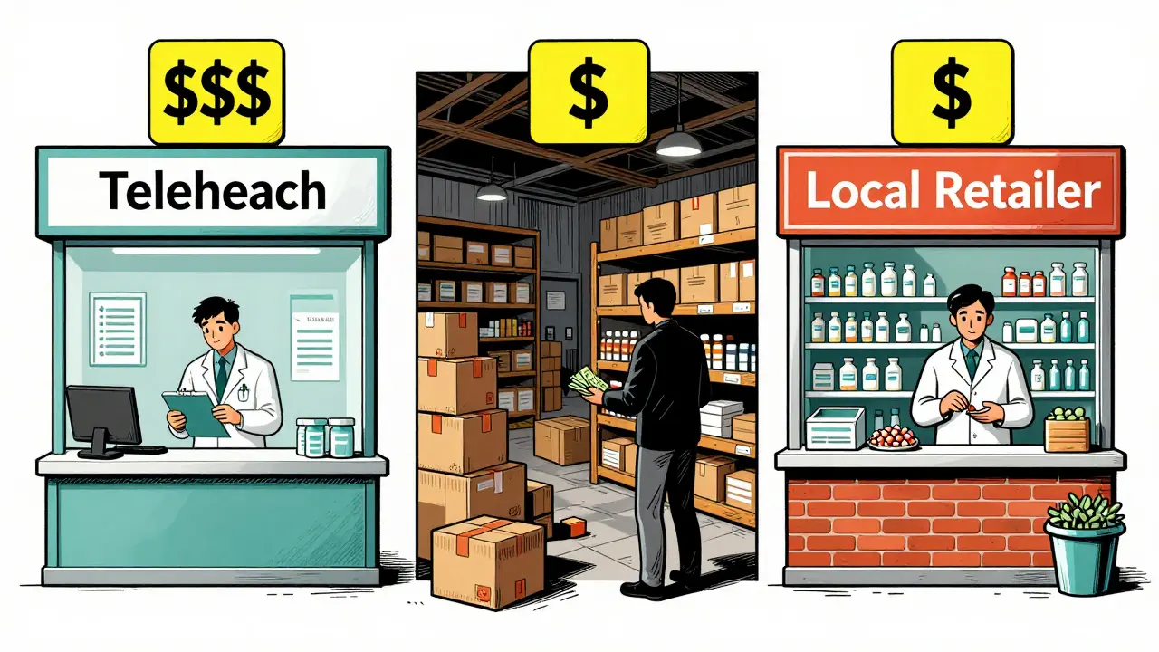 Illustration comparing three types of online pharmacies: telehealth, international generics, and local retailers.