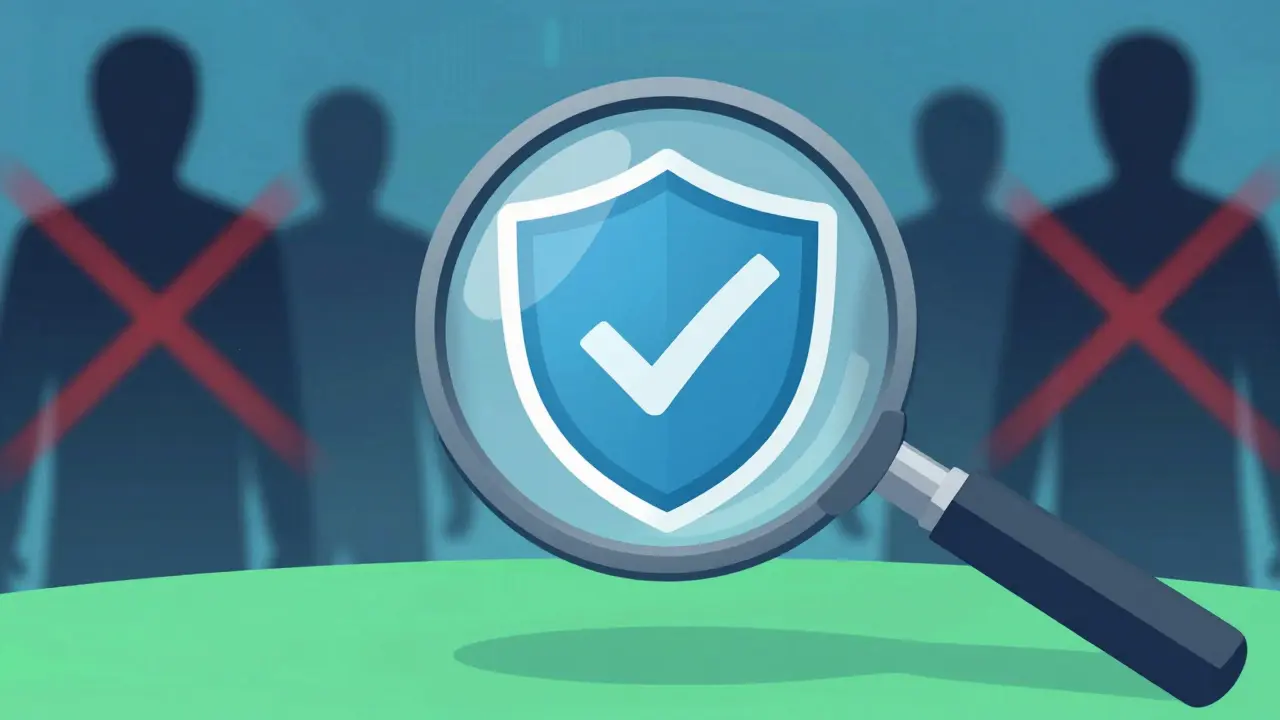 Illustration of a magnifying glass checking a pharmacy safety accreditation badge.