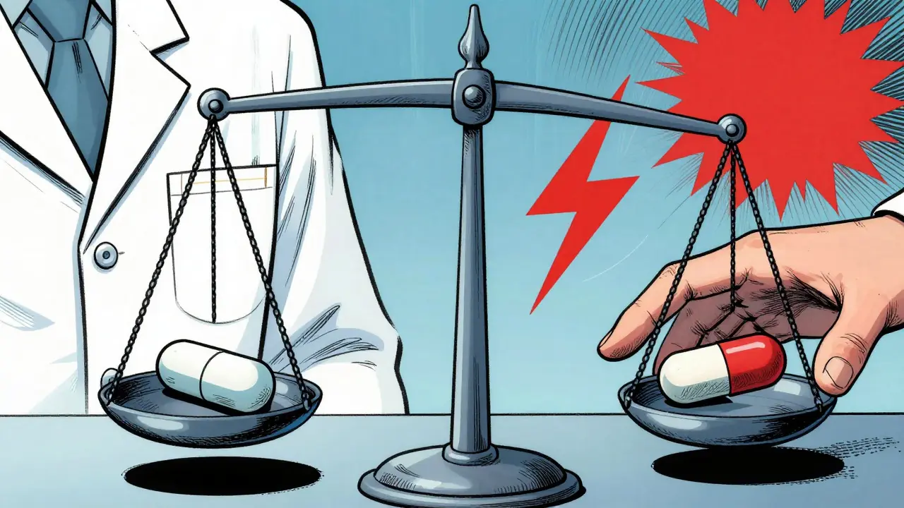 Illustration of a medical scale balancing generic vs brand drug risks
