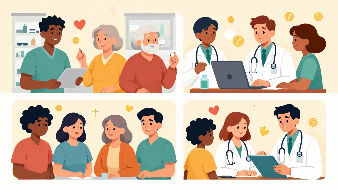 Illustration of diverse patients trusting clinicians after clear explanations of generics.