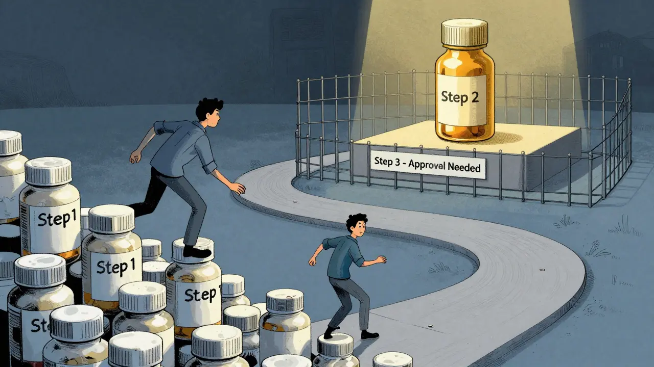 Illustration of patient climbing over generic drug barriers to reach medicine