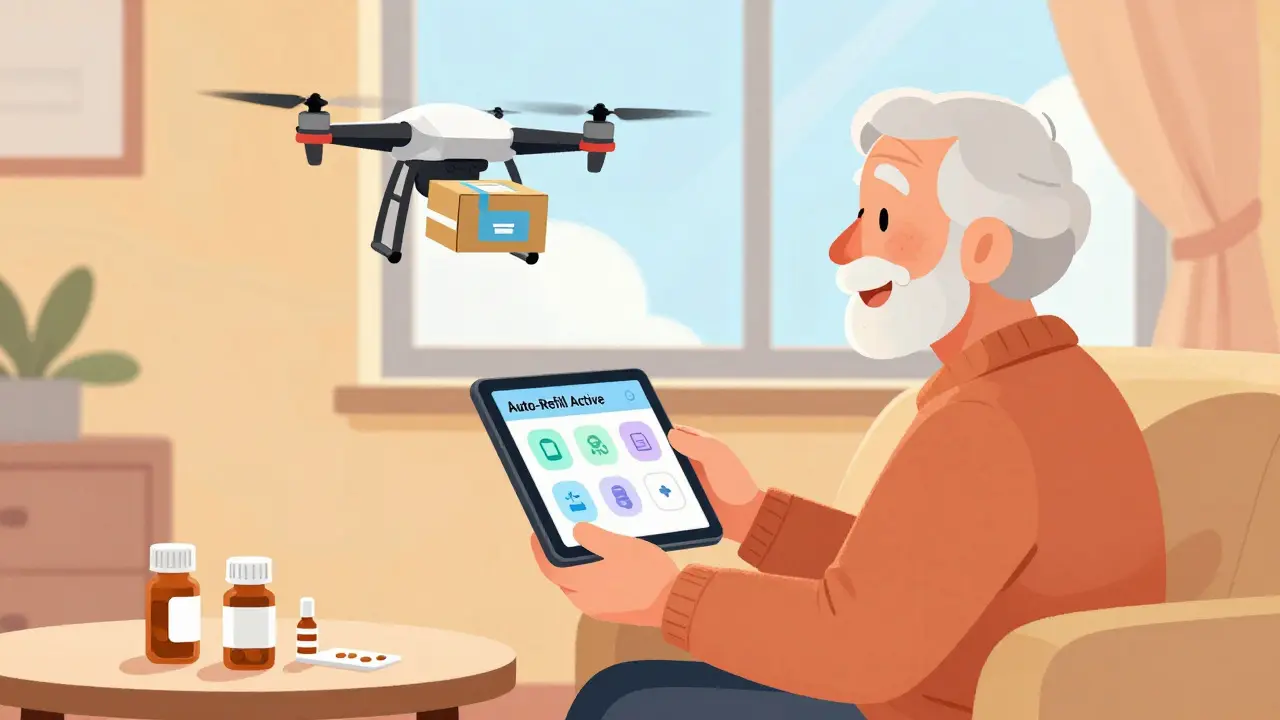 Illustration of senior receiving meds at home with tablet showing auto-refill
