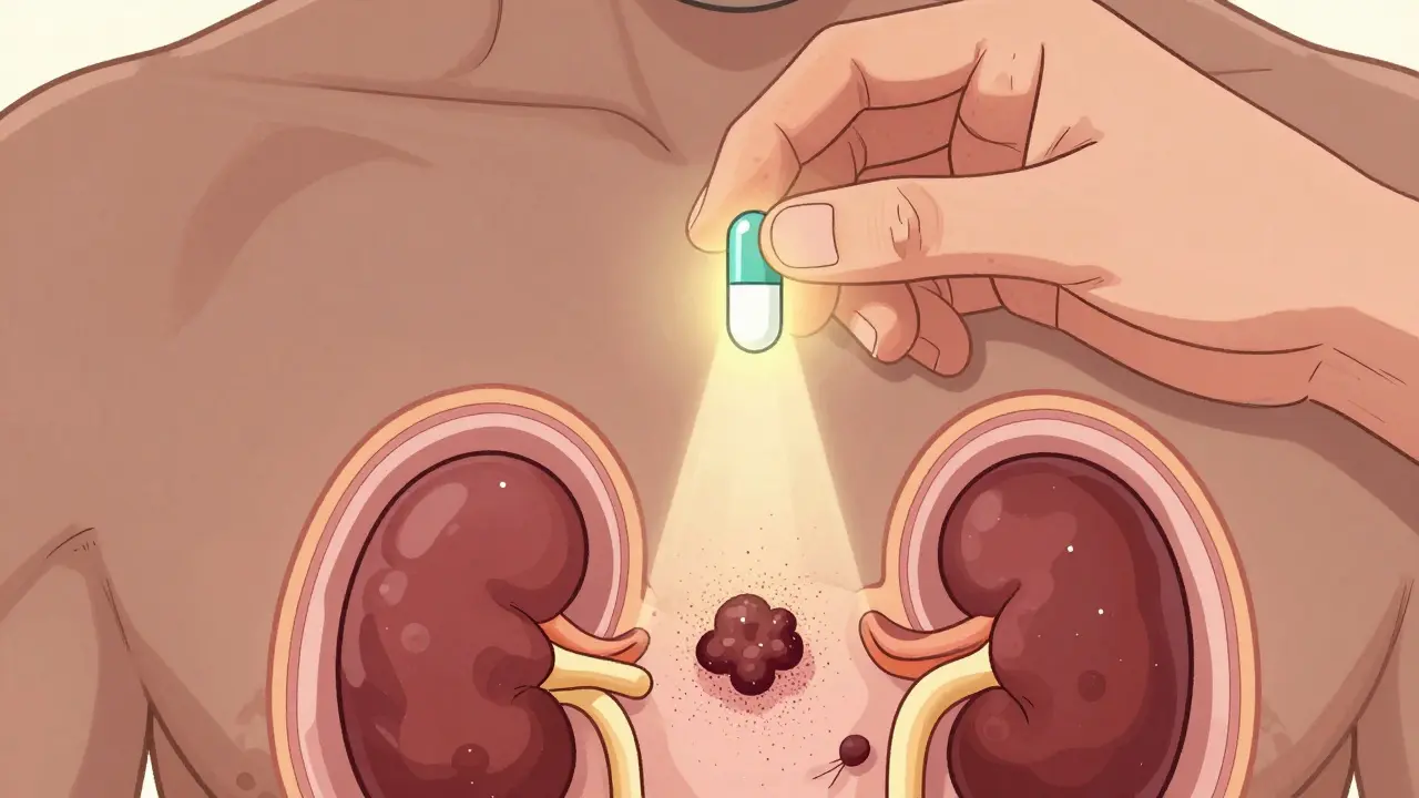 Illustration of targeted drug dissolving kidney blockages