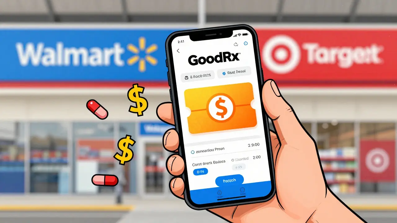 Illustration of using a price comparison app to save money on generic medication.