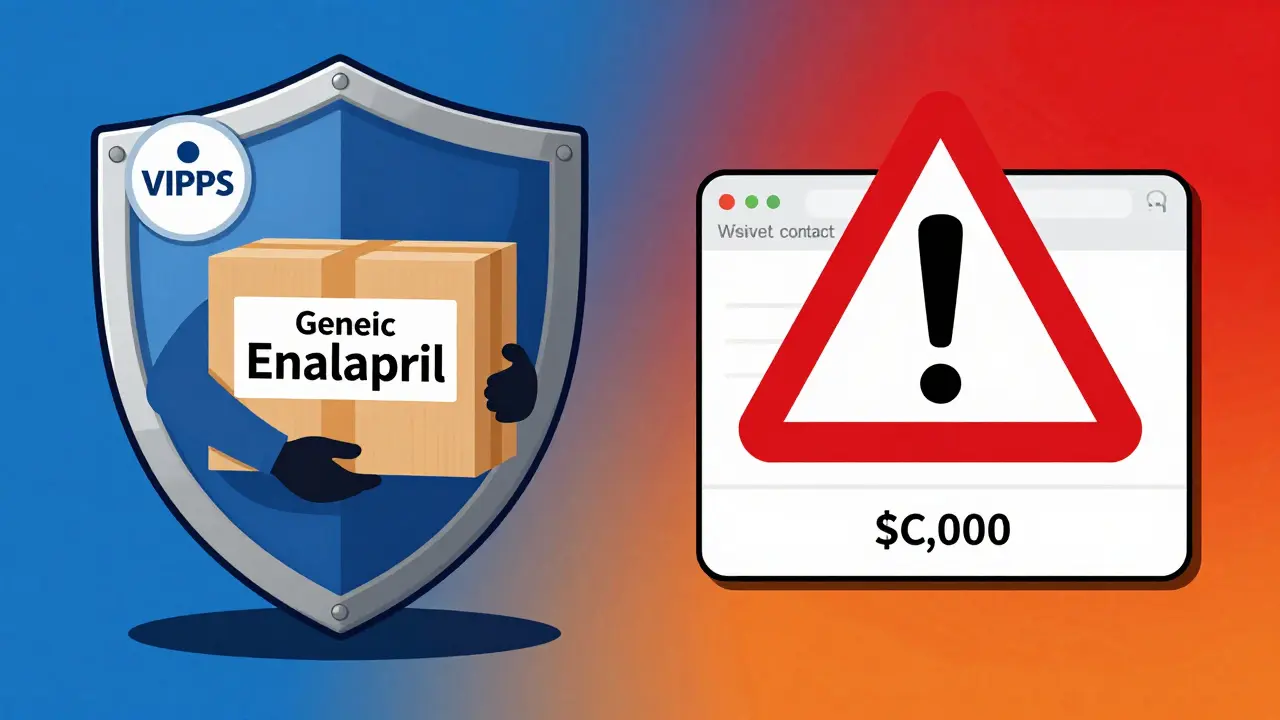 Illustration showing safe accredited pharmacy vs dangerous counterfeit site