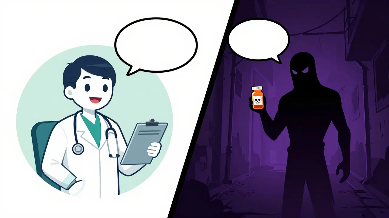 Split screen showing safe telehealth doctor versus shady illegal seller in shadows.