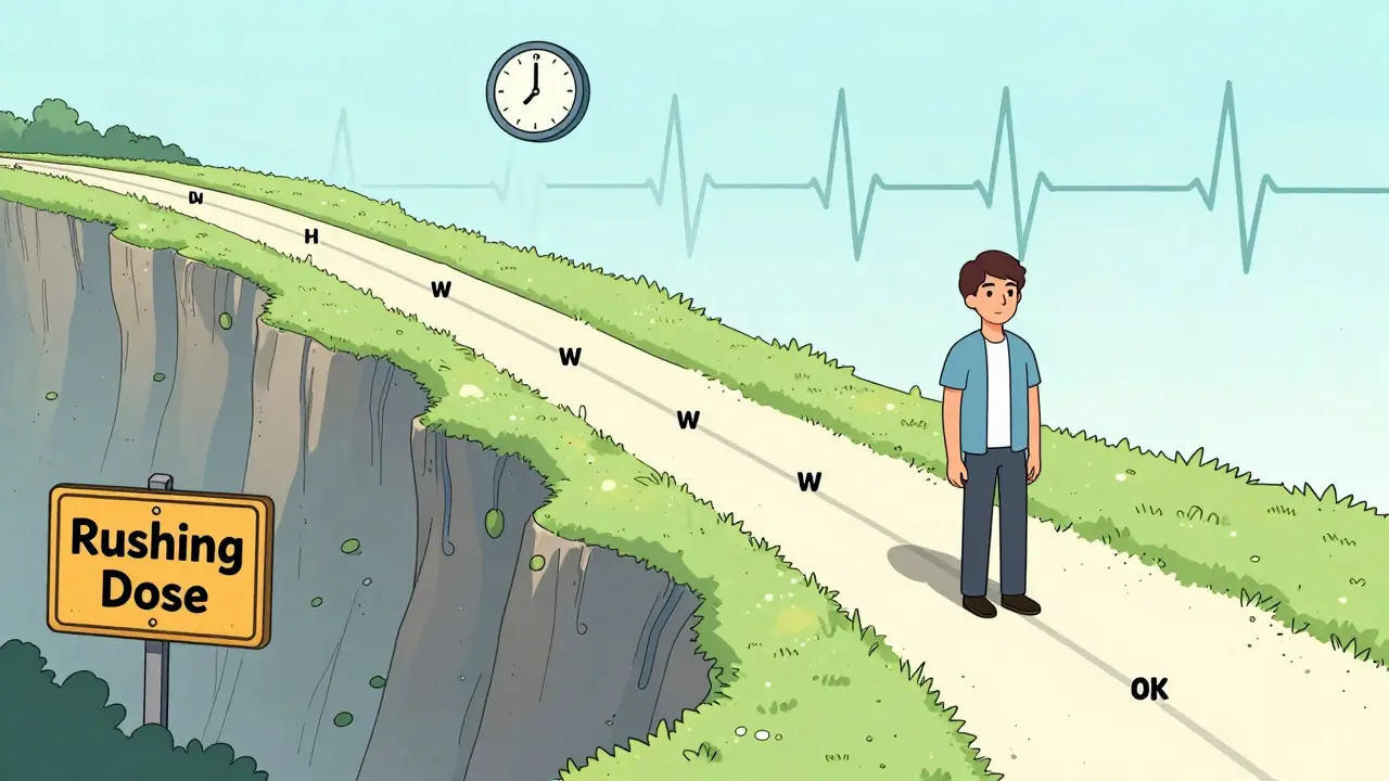 Character walking a slow, safe path on a dose timeline