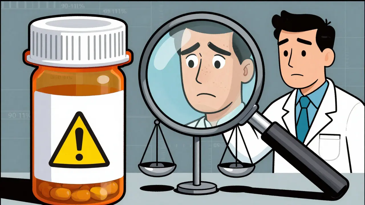Comic style image of a magnifying glass over a balance scale next to a medication bottle, representing NTI drugs.