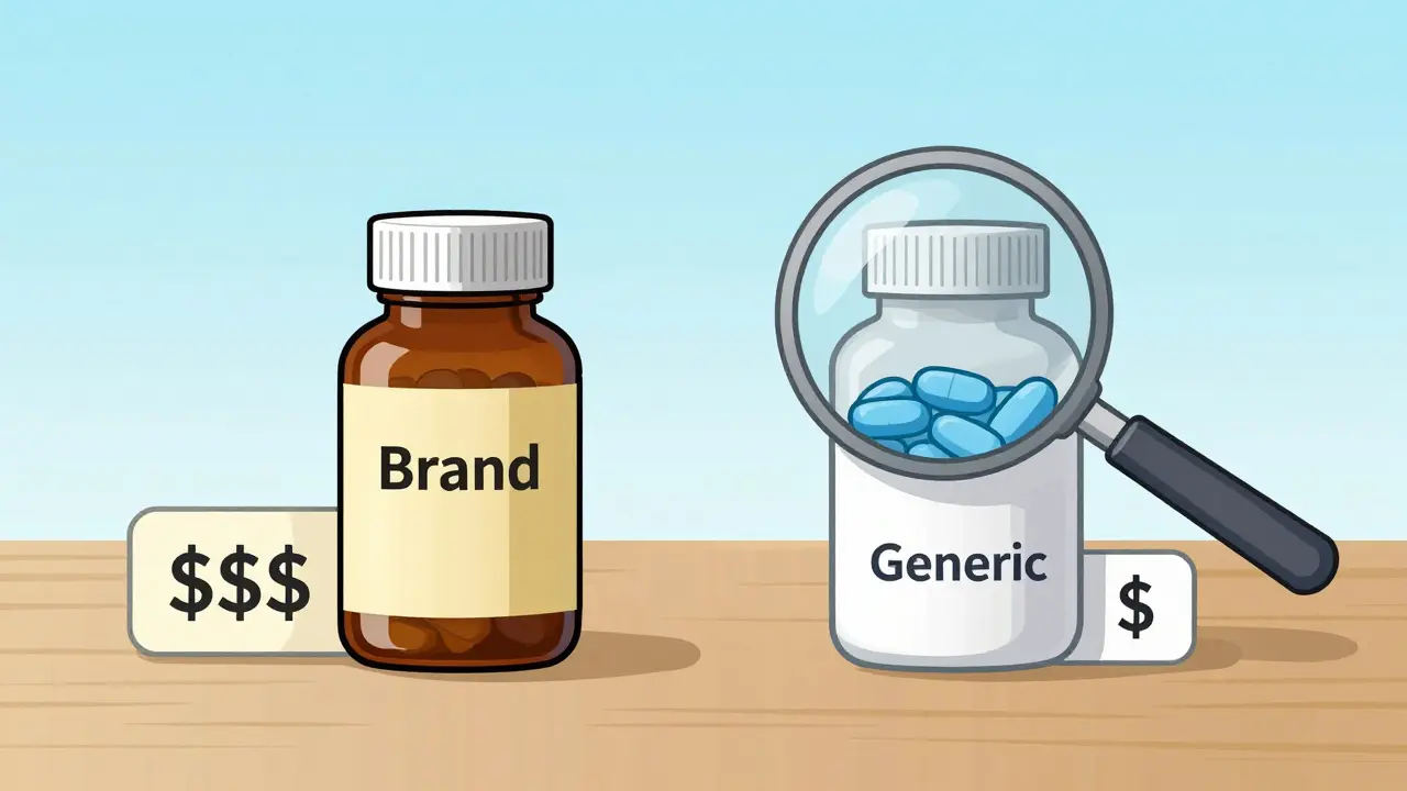 Comparison of brand vs generic pills showing same content, different prices